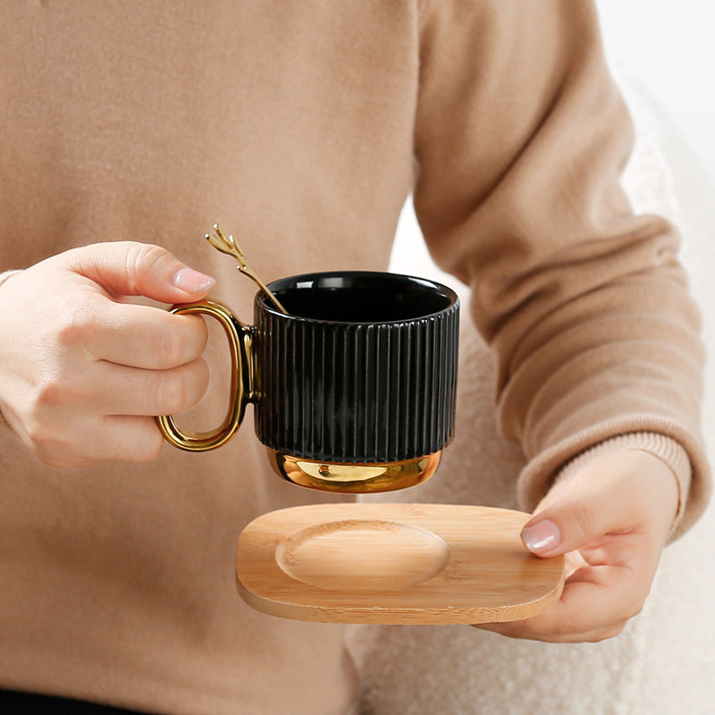 Ceramic Coffee Mug Set with Wooden Coaster and Spoon - Multiple Colors & Capacity