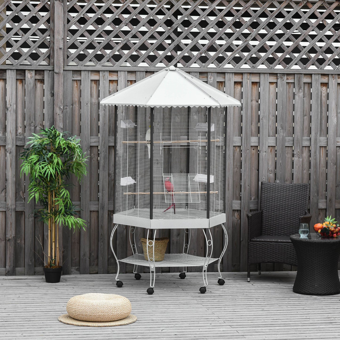 77-Inch Hexagon Bird Cage with Canopy, Portable Aviary, White