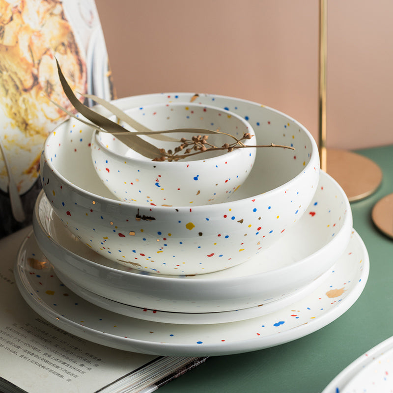 Ceramic Terrazzo Plate Set - Round Dinnerware for Kitchen & Dining