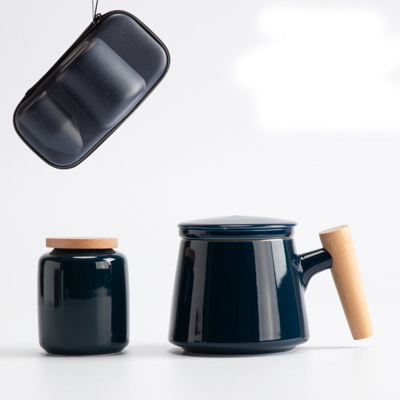 Ceramic Office Cup with Wooden Handle - Multiple Styles & Travel Bag