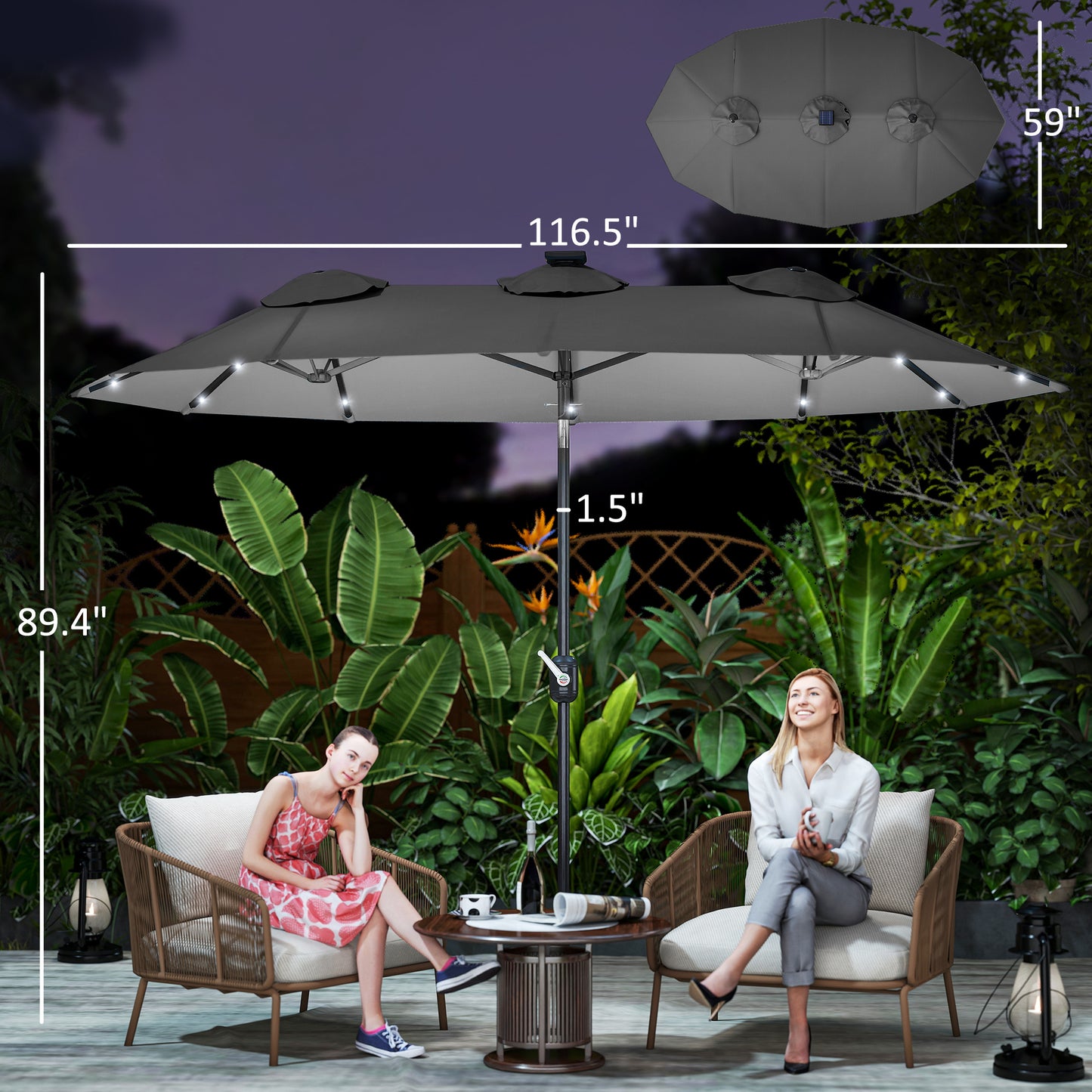 Double-Sided Patio Umbrella with Solar LED Lights - Gray
