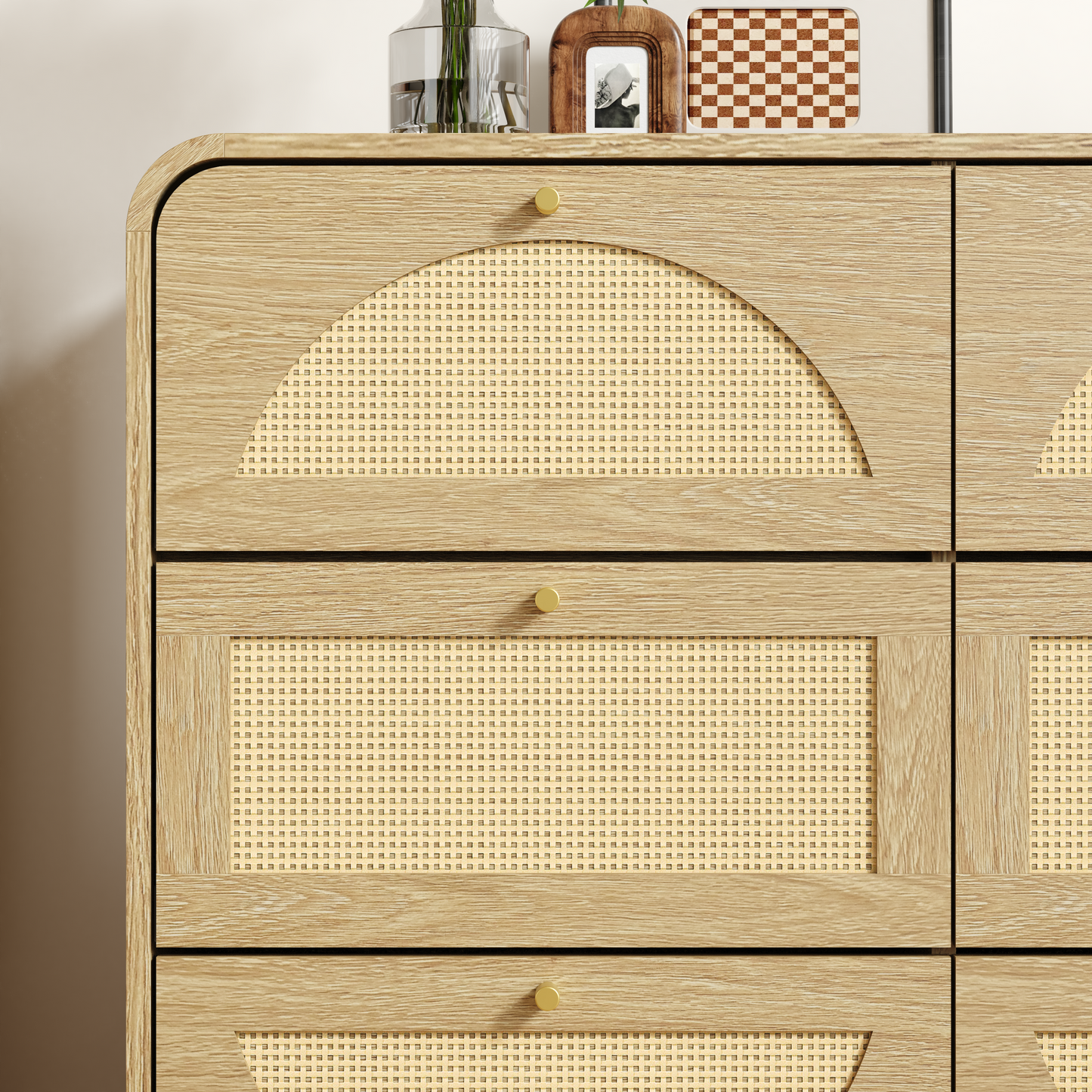 9-Drawer Rattan Dresser - Modern Walnut Storage Cabinet