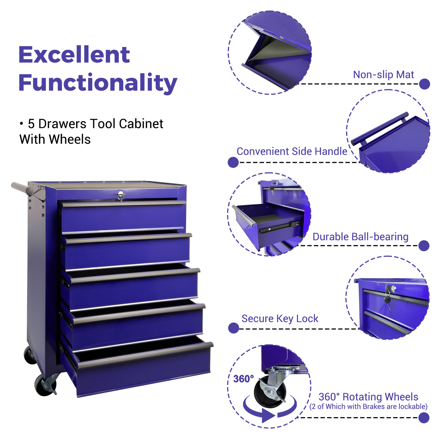 Rolling Metal Tool Chest with 5 Drawers - Purple