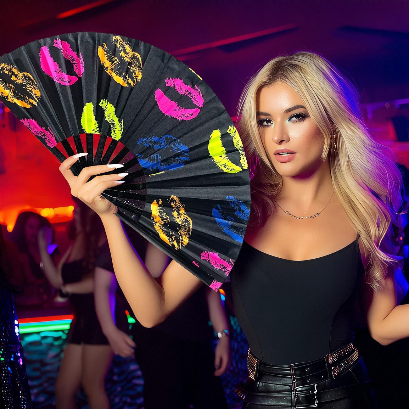 Large UV Glow Folding Fan - Bamboo Hand Fan for Parties