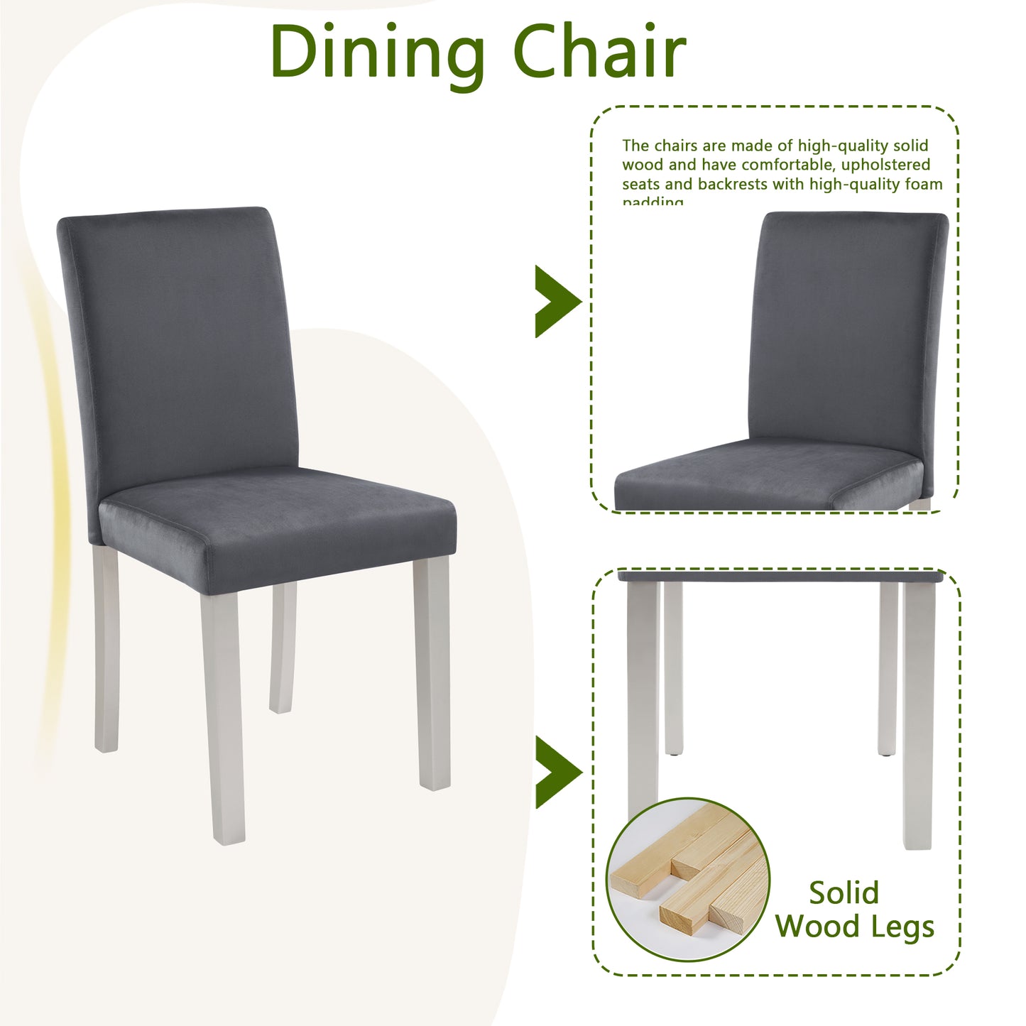 5-Piece Wooden Dining Table Set with Upholstered Chairs - Silver Grey
