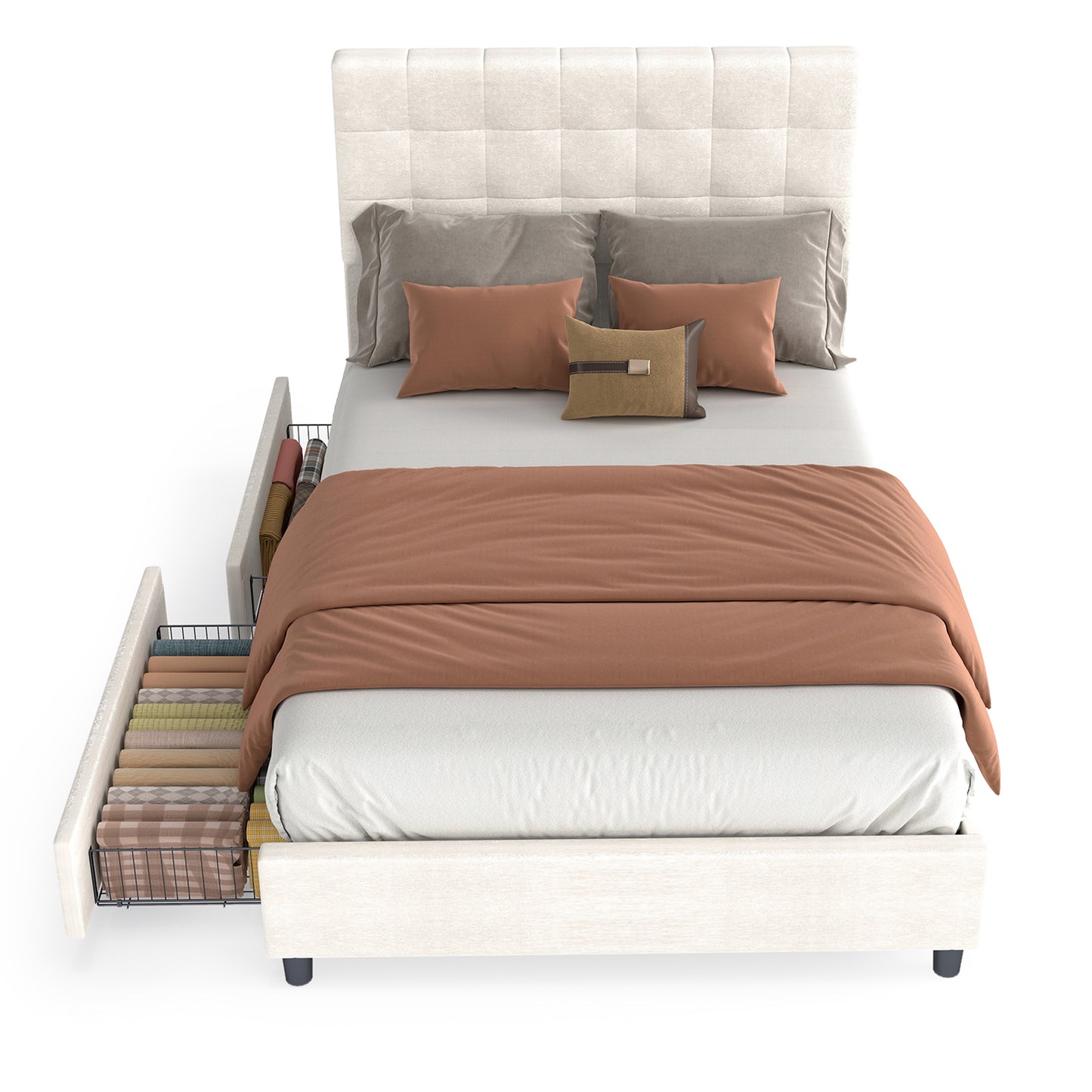 Bed Frame Upholstered Vertical Channel Headboard With 4 Storage