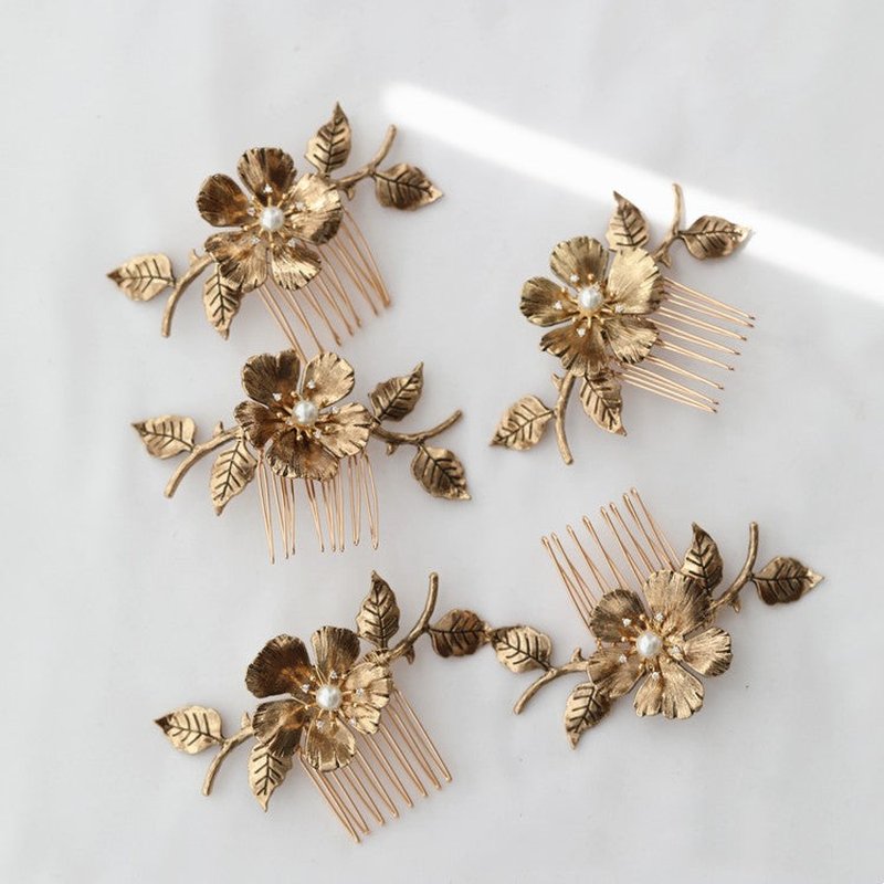 Metal Flower Hair Comb with White Crystal - Tuck Comb