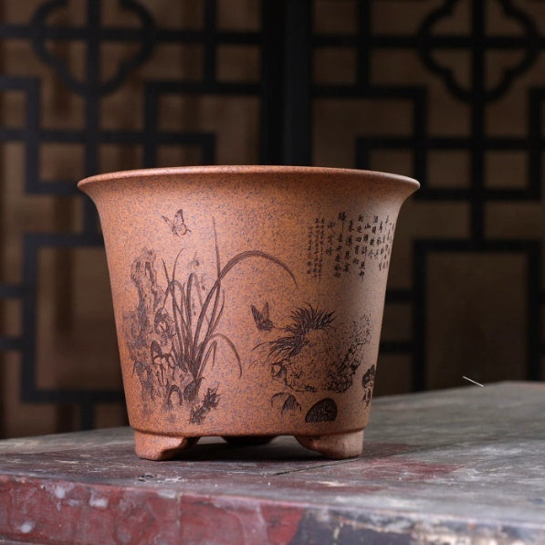 Tall Slanted-Mouth Zisha Flower Pot with Classical Design for Home & Garden