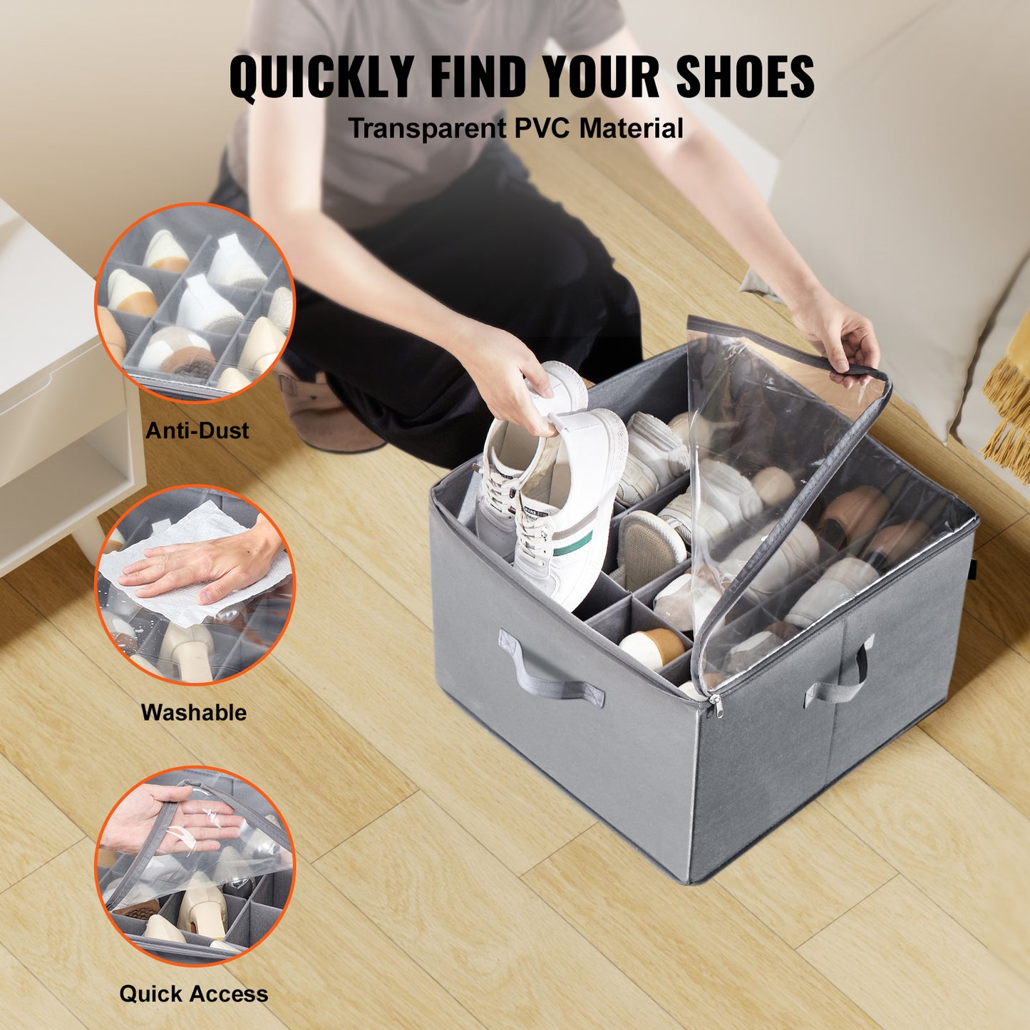 Under Bed Shoe Storage Organizer with Adjustable Dividers - Grey