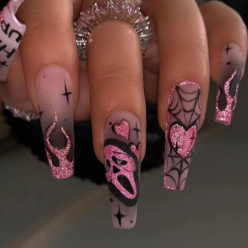 Dark Style Cobweb Skull Nail Art Kit with Long Ballet Design and Glue