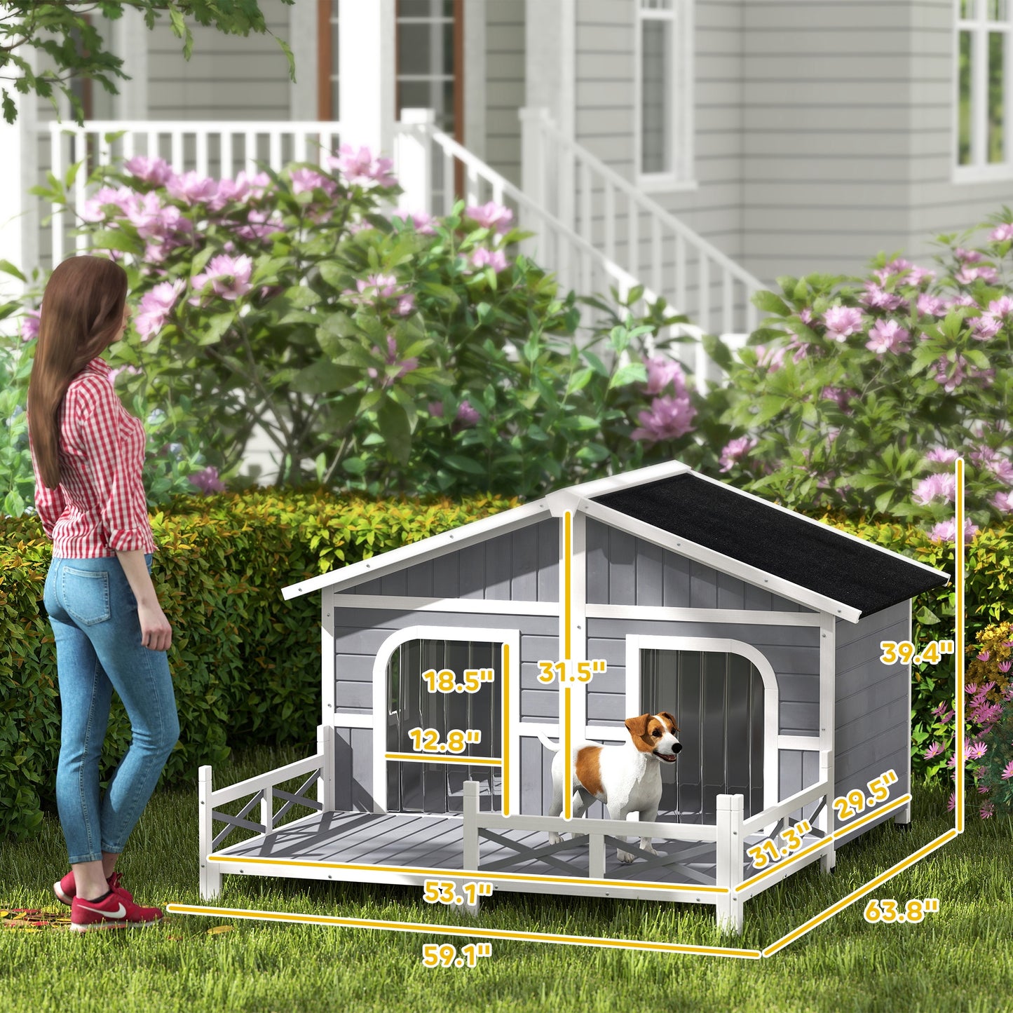 Outdoor Wooden Dog House with Porch & Double Room - Weatherproof Pet Shelter