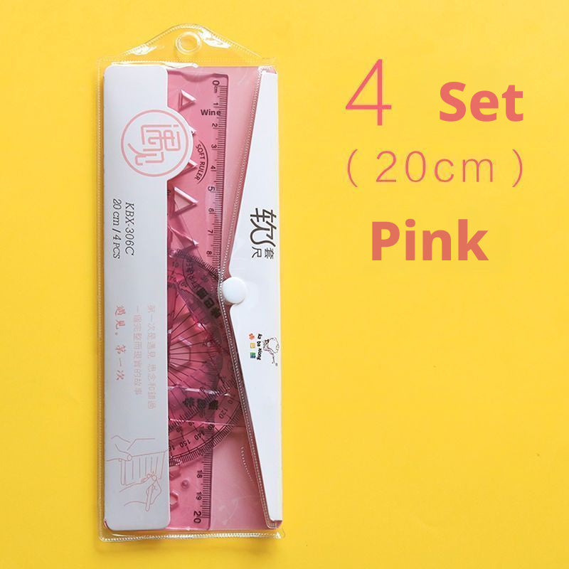 Kids Cartoon Soft Ruler Set - 15cm, 4-Piece Pink Classroom Supplies