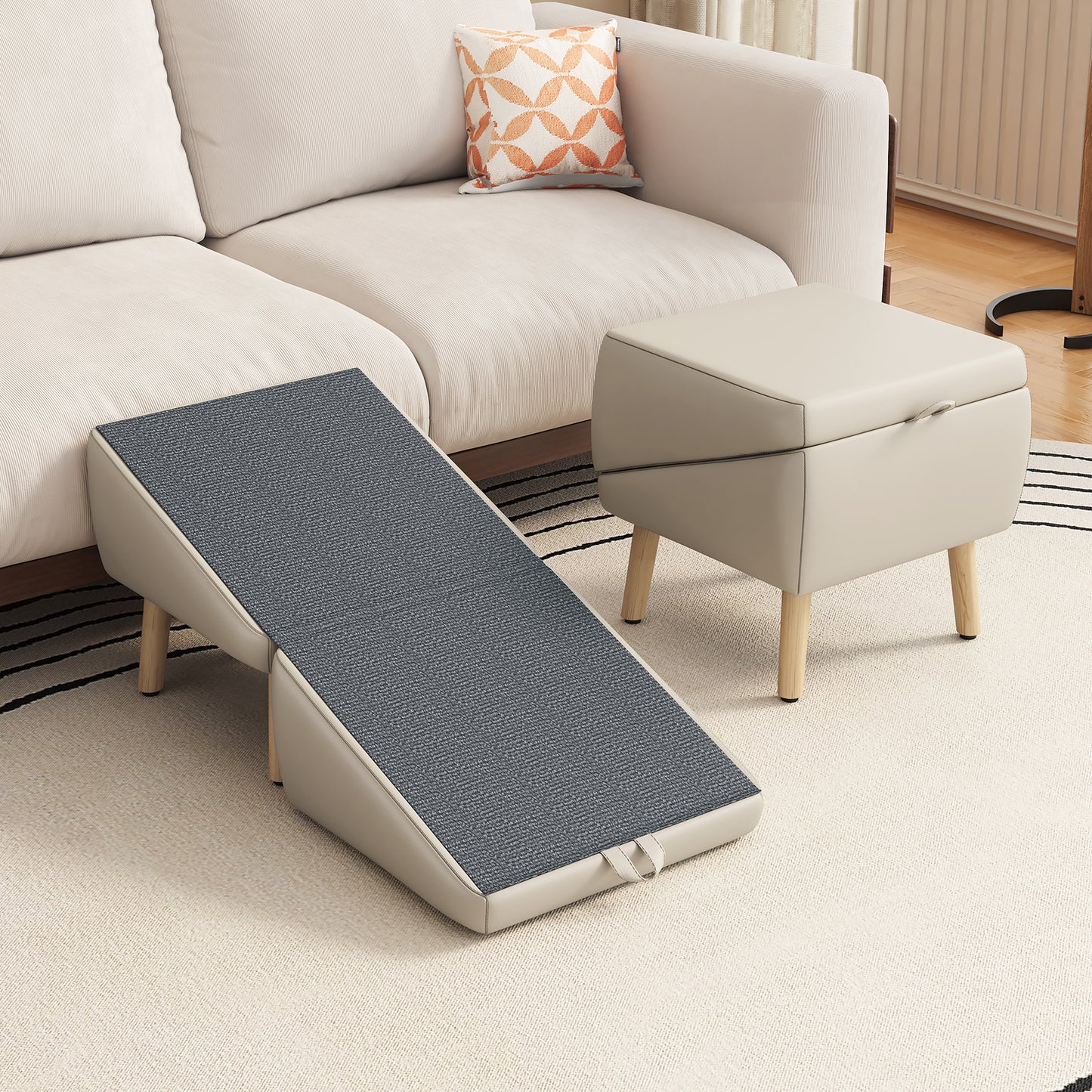 Foldable Wooden Dog Steps for Small Dogs and Cats - Non-Slip Ramp for Couch and Bed, Light Grey