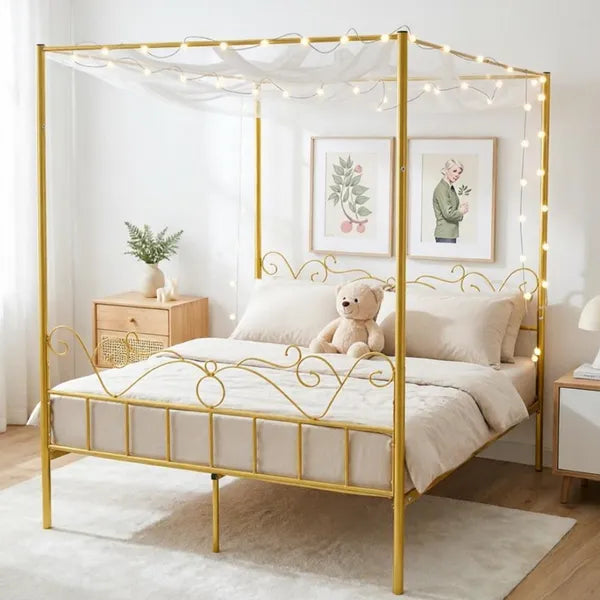 Sturdy Canopy Bed Frame with Storage Space - Queen Size