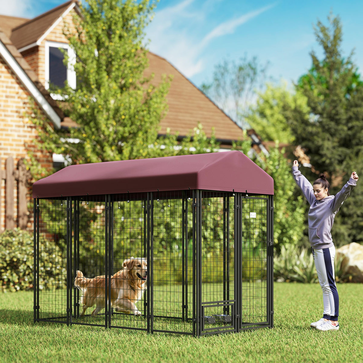 Outdoor Dog Kennel with Rotating Bowls and Waterproof Cover - 8x4x6 ft, Red