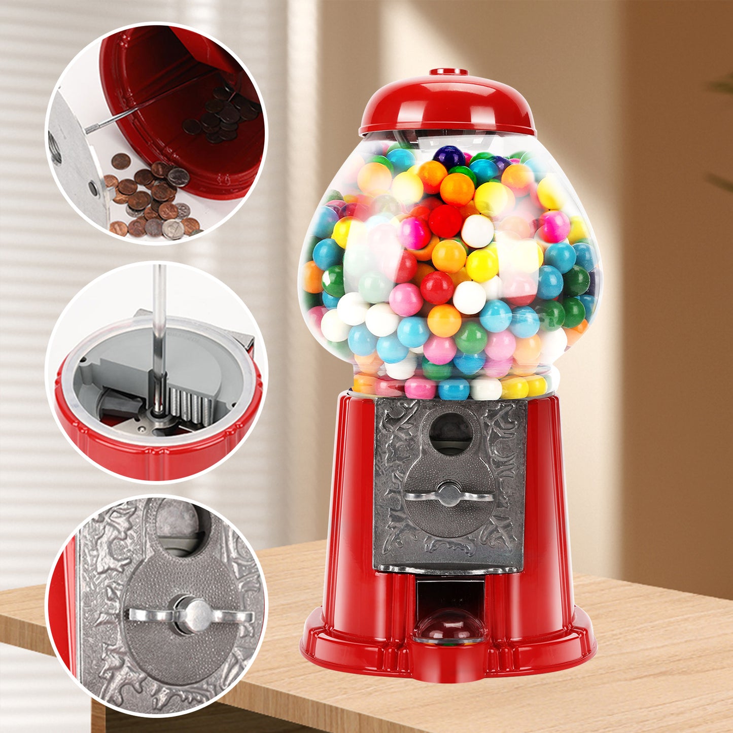 15-Inch Red Gumball Machine with Stand - Coin Operated Candy Dispenser
