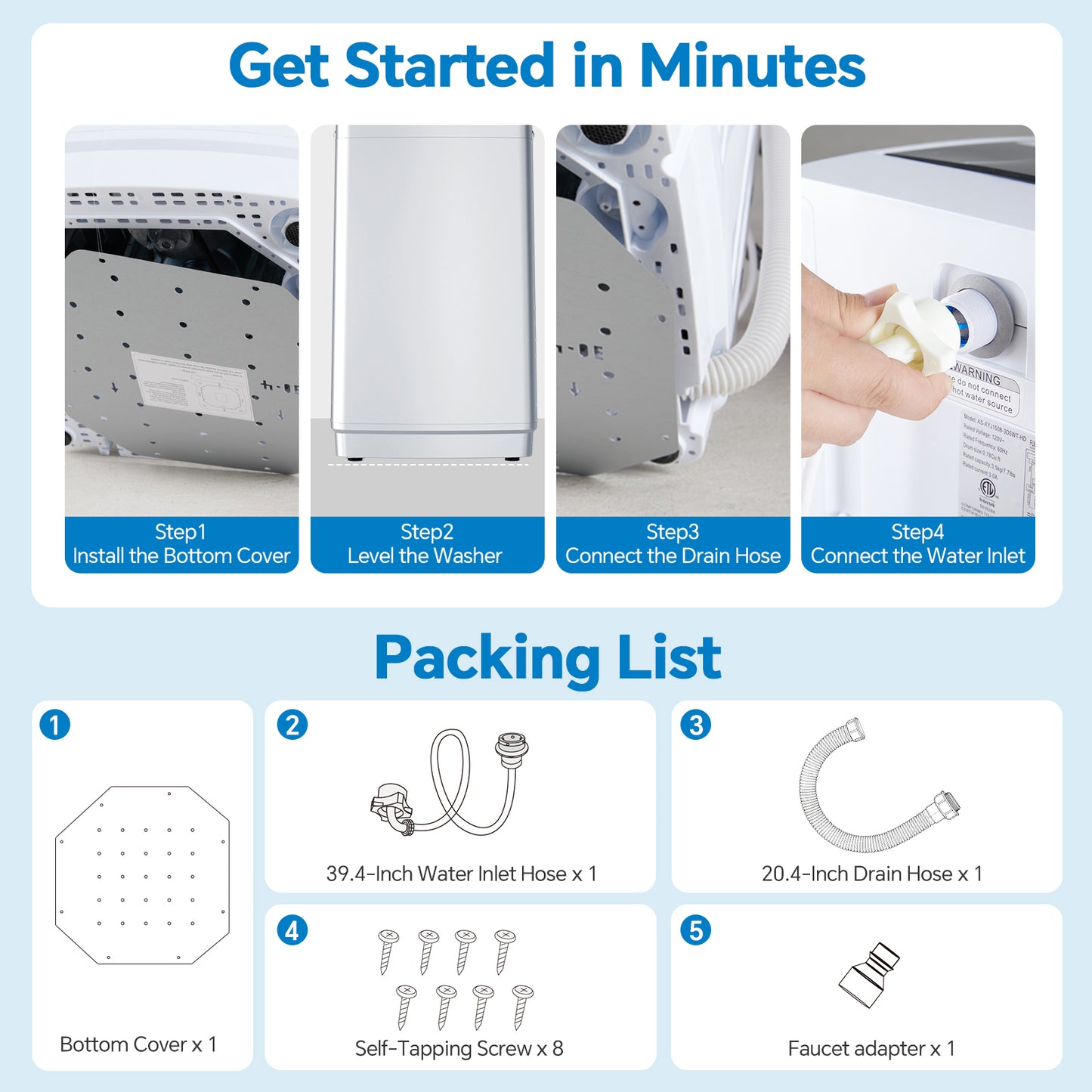 Portable Fully Automatic Washing Machine 7.7L Stainless Steel Tub Compact