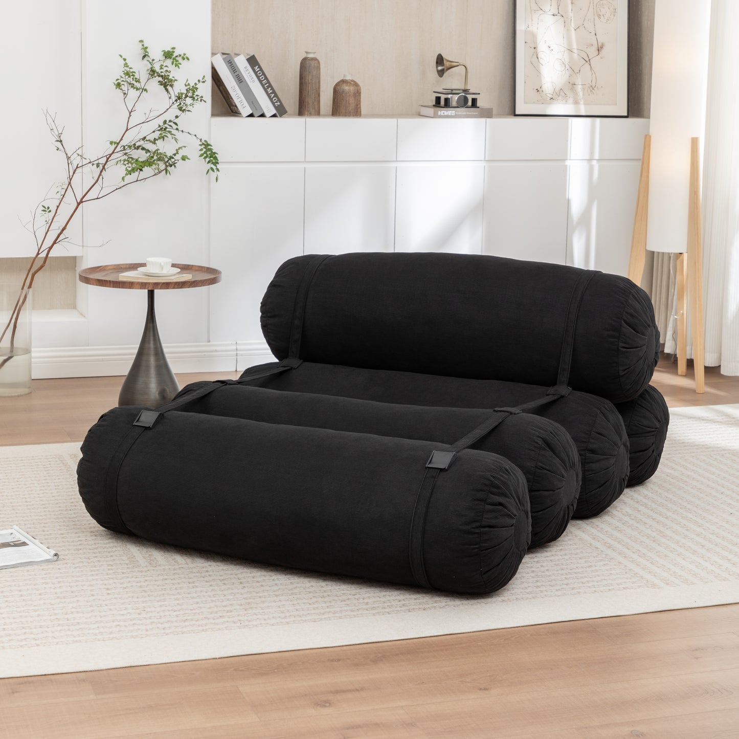 Adjustable Corduroy Floor Sofa - Black Multi-Person Leisure Chair