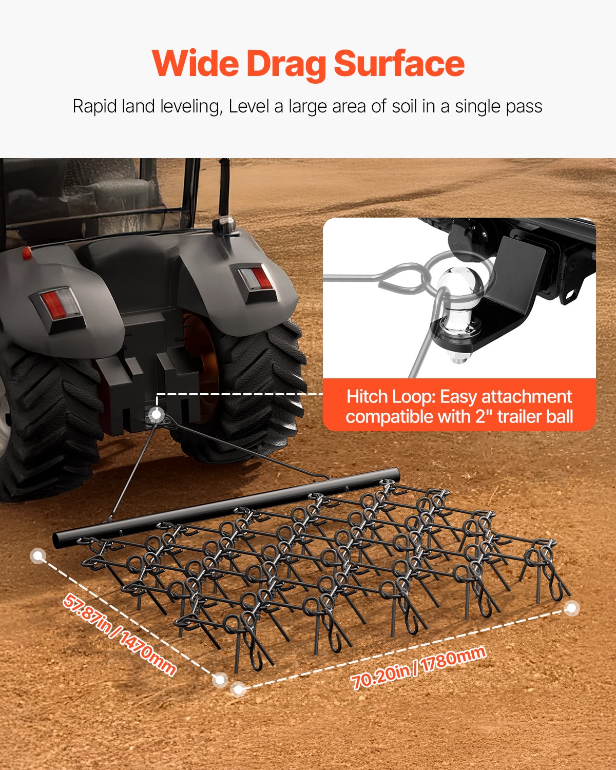 Heavy-Duty Chain Harrow for Land Leveling ATV Lawn Rake 5.8x4.8 ft Black