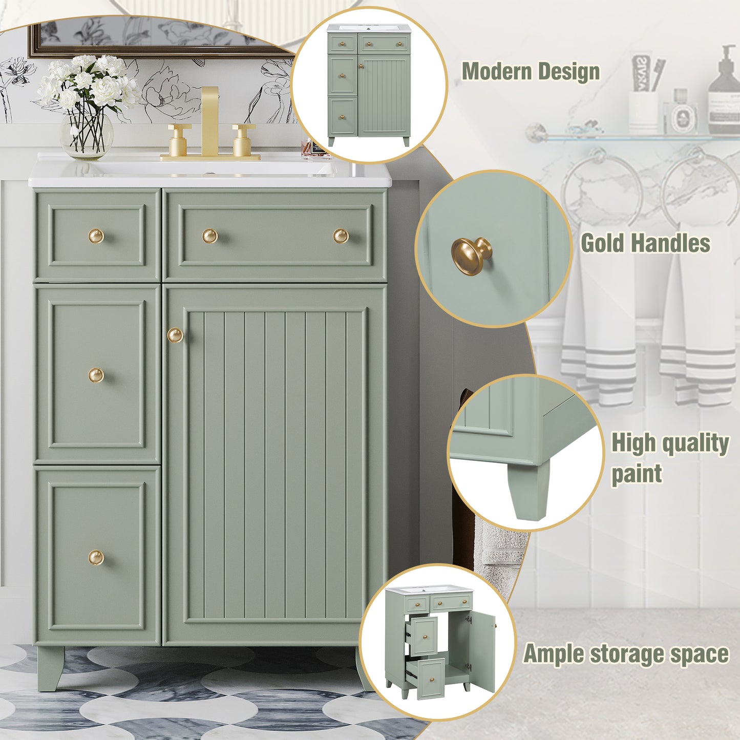 24-Inch Green Bathroom Vanity Cabinet with Ceramic Sink