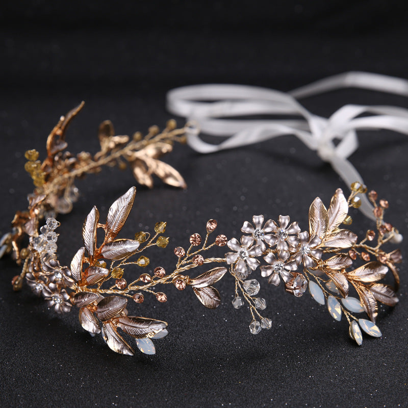 Bridal Leaf Headband Gold Rhinestone