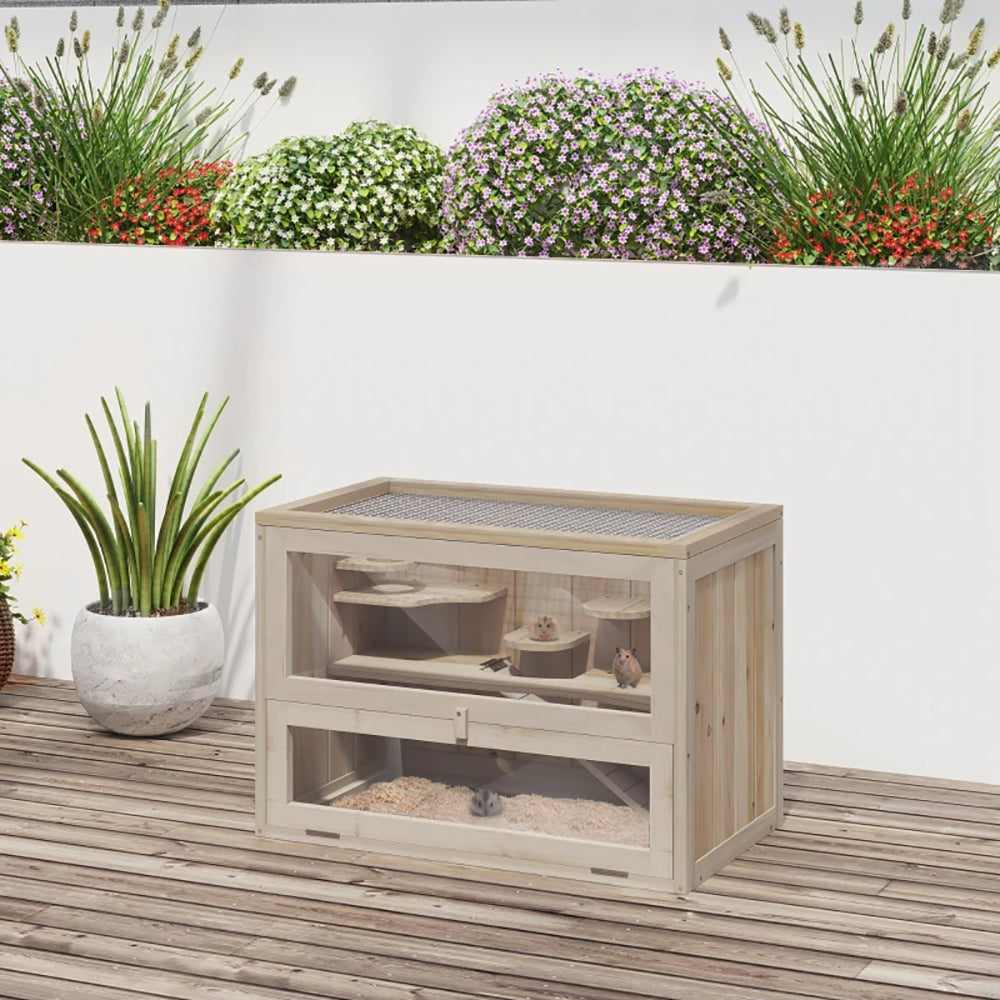2-Level Small Animal Cage for Hamsters Mice Rodents with Open Top & Ramps - Nature Wood