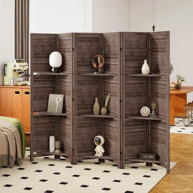 Wood Privacy Screen Room Divider with 3 Shelves - Walnut