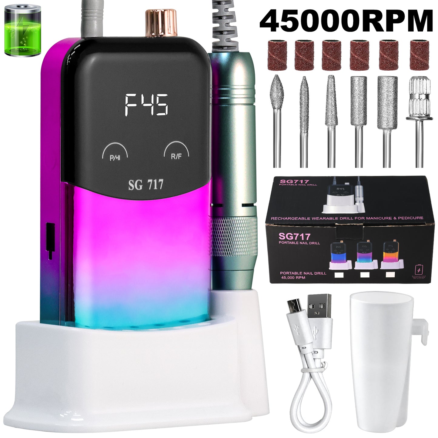 Professional 45000RPM Electric Nail Drill Kit - Rechargeable Portable E-File