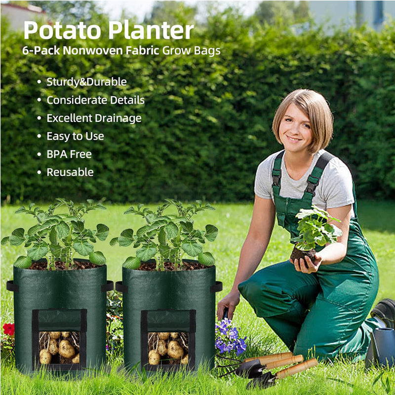 6 Pack 10 Gallon Heavy Duty Garden Potato Grow Bags with Handles & Flap