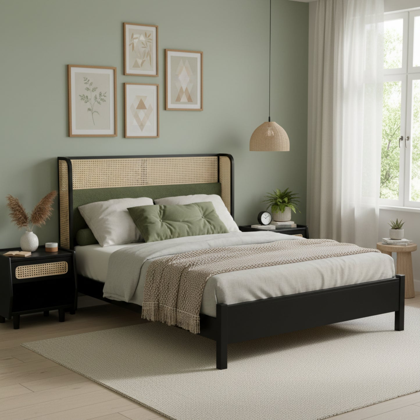 Queen Size Bed Frame with Green Headboard - Solid Wood, No Box Spring Required