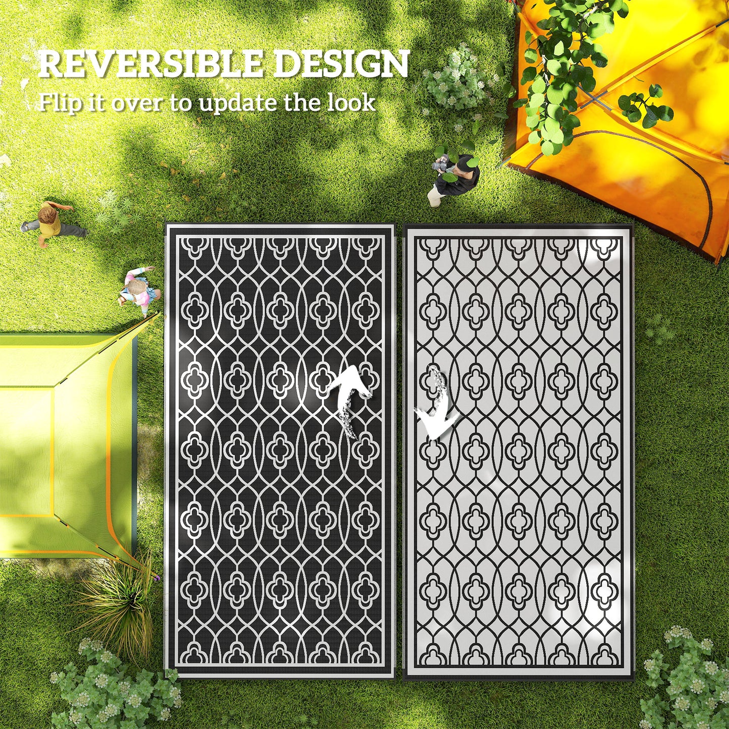 Reversible Outdoor Rug - Waterproof Plastic Straw, 9' x 18' - Black & White Lantern