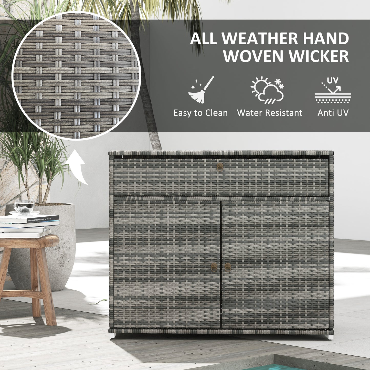 Outdoor Storage Cabinet - Waterproof PE Rattan with Drawer - Gray