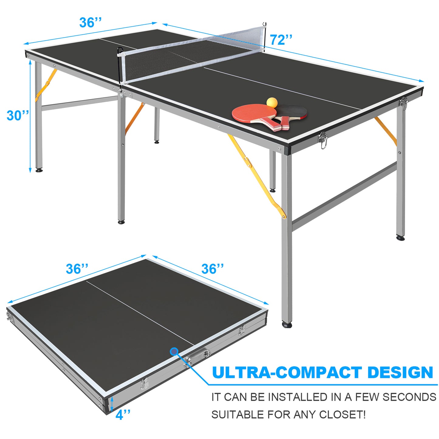 6ft Foldable Black Mid-Size Table Tennis Table Set with Paddles & Balls