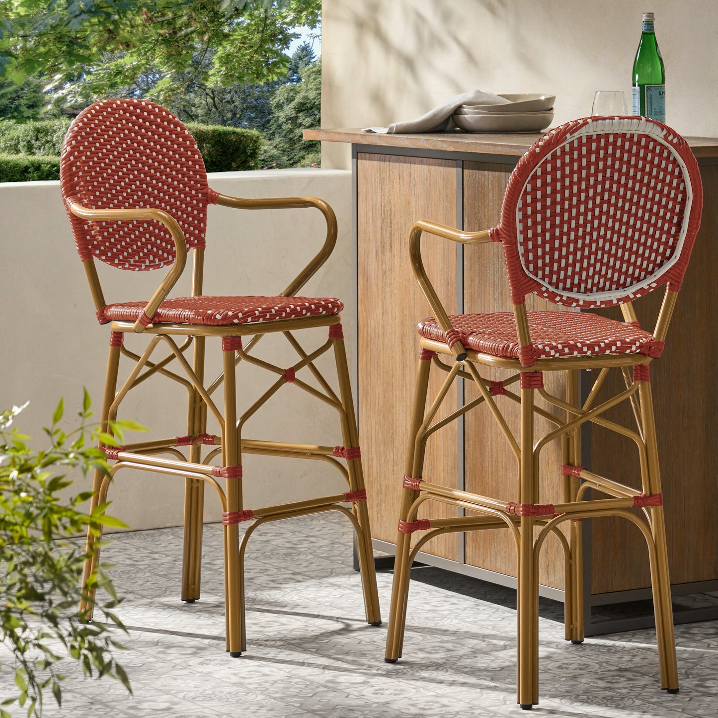 Outdoor Wicker And Aluminum 29.5 French Barstools, Set Of 2, Red,