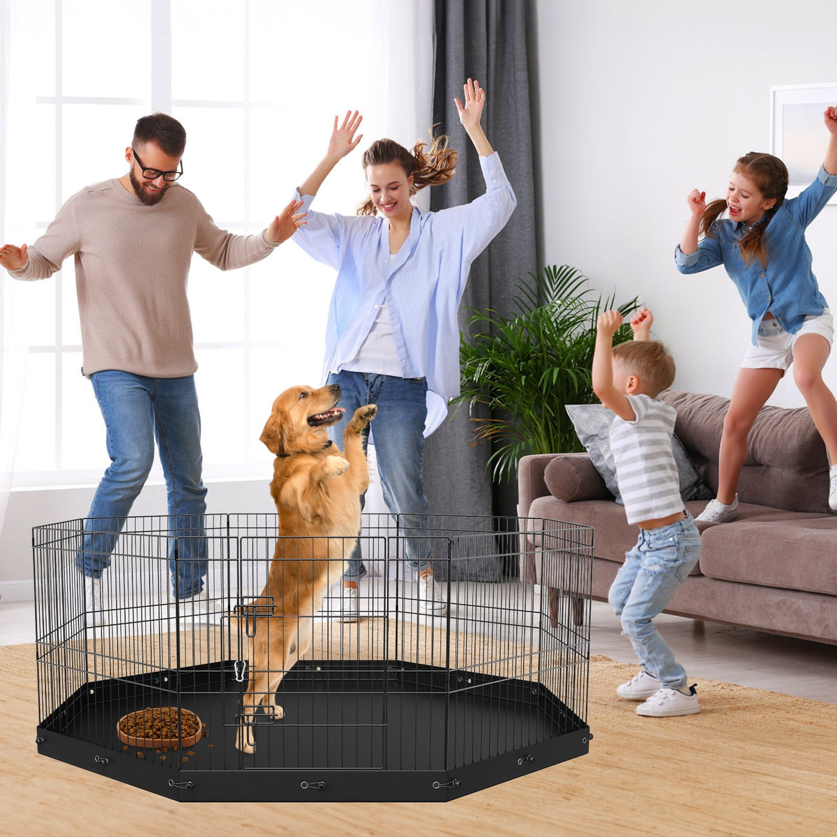 Foldable Metal Dog Playpen with Bottom Pad - 8 Panels Indoor Outdoor Pet Fence - Black