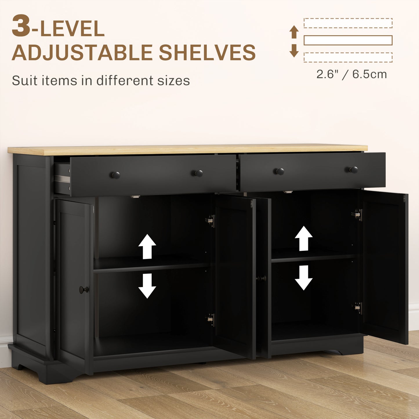Modern Sideboard Buffet Cabinet with Adjustable Shelves - Black