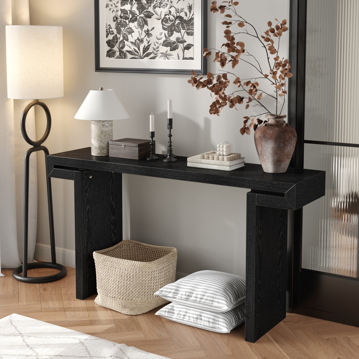 Rustic Farmhouse Console Table - Distressed Black Wood Finish