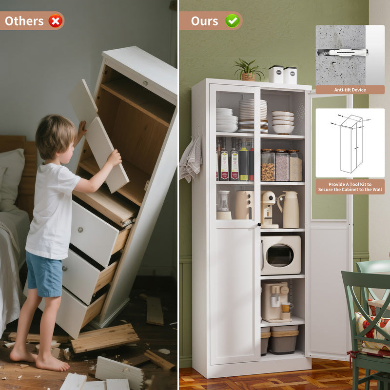 72-Inch White Metal Pantry Cabinet with Adjustable Shelves