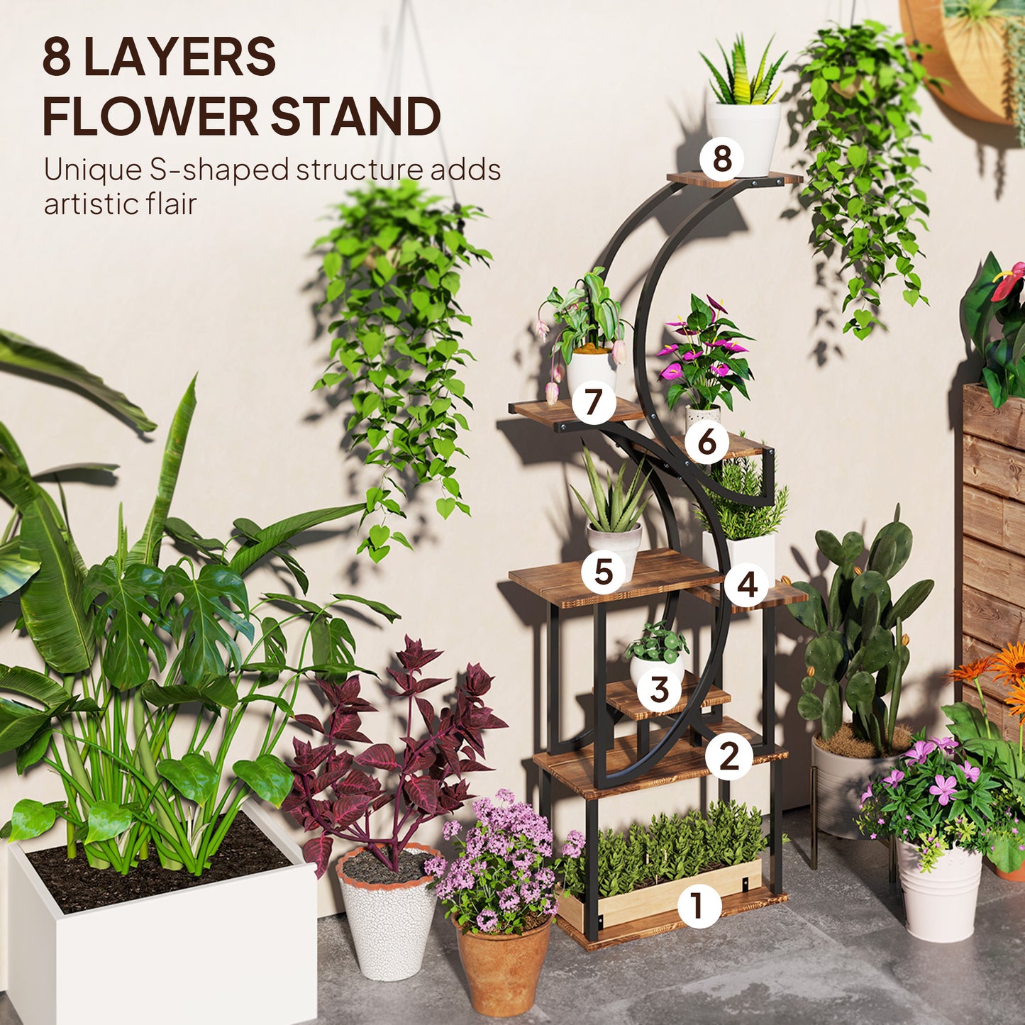 8-Tier S-Shaped Indoor Plant Stand - Carbonized Finish