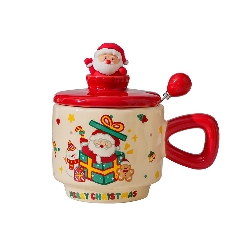 Christmas Ceramic Mug with Lid - Cartoon Holiday Drinkware, 301-400ml