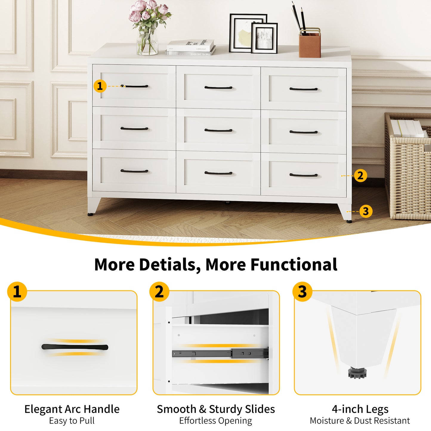 9 Drawer Dresser For Bedroom, Metal Profile Chest Of Drawers, White