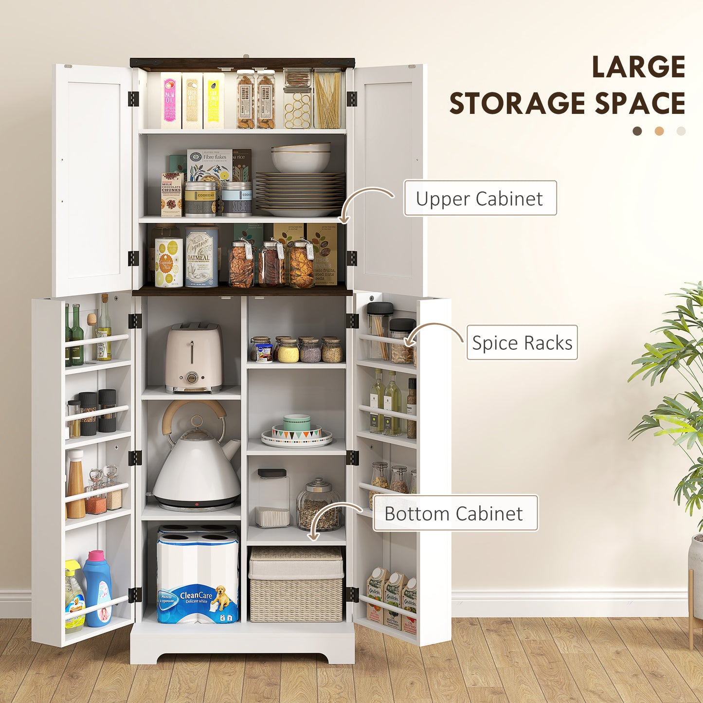 64" Tall Kitchen Pantry Cabinet with Adjustable Shelves & LED Light