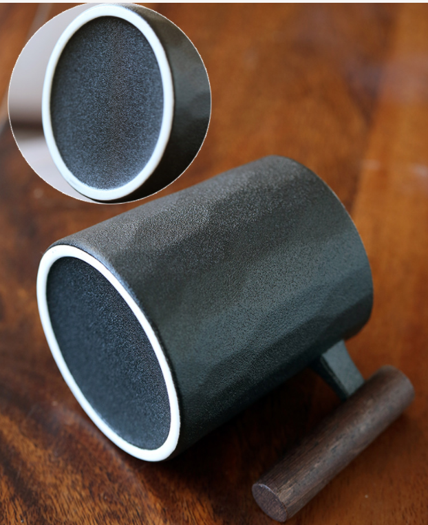 Ceramic Office Tea Cup with Wooden Handle and Lid 450ml Black