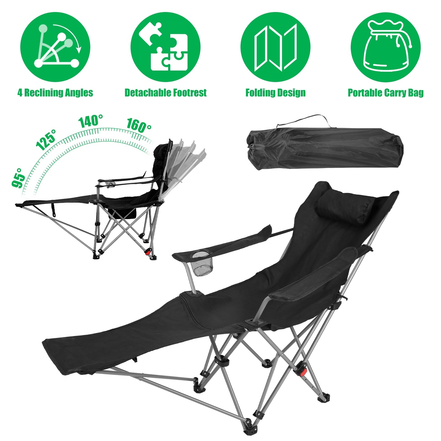 Adjustable Reclining Camping Chair with Footrest & Cup Holder