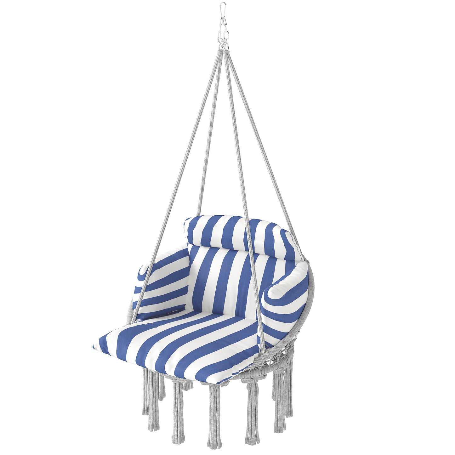 Macrame Hanging Hammock Chair with Large Cushion - Blue & White