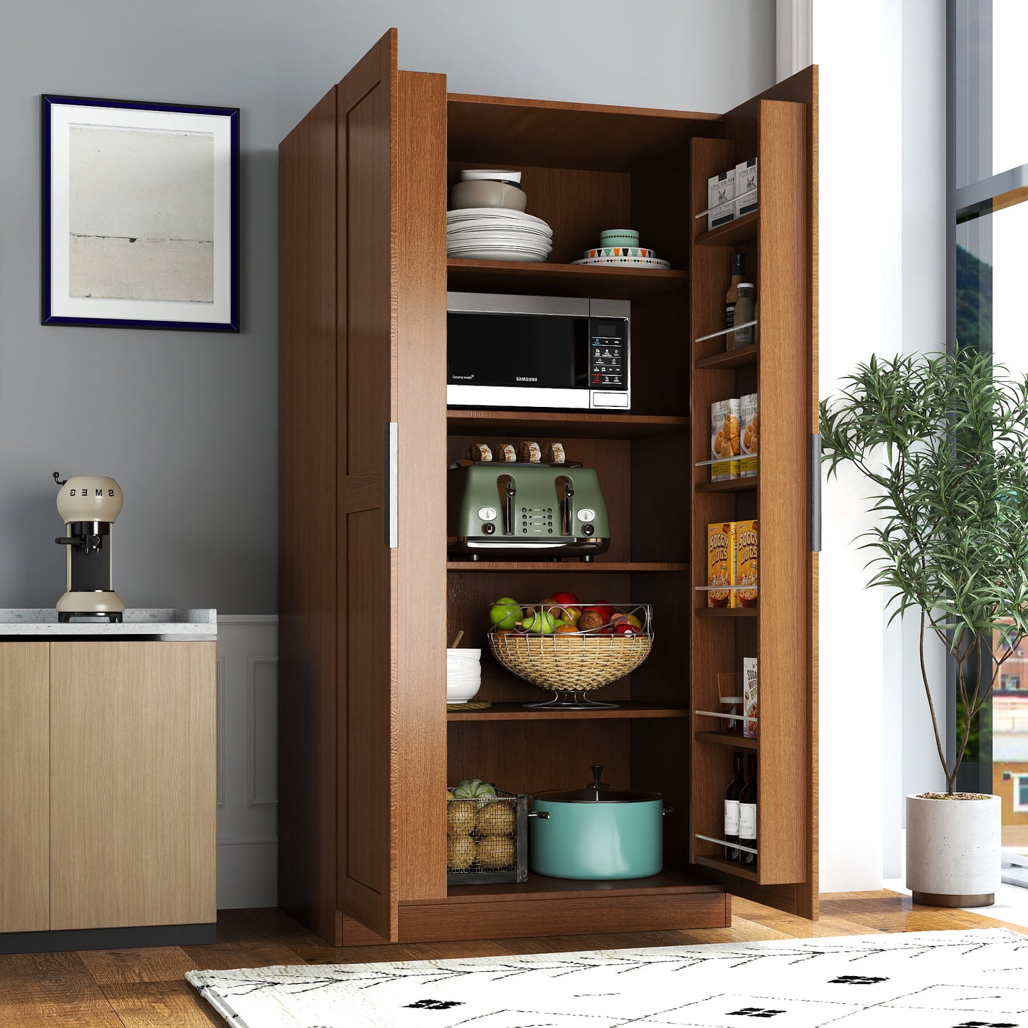 62.99in Walnut Kitchen Pantry Cabinet with Doors & Shelves