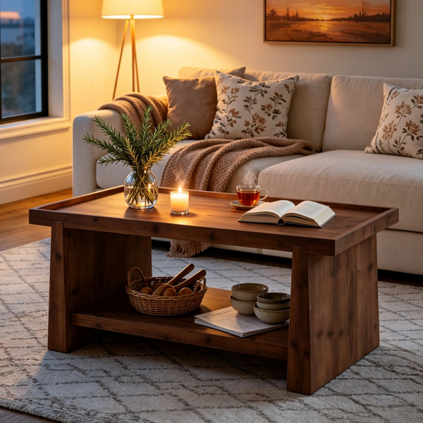 Solid Wood End Table with Two-Tier Storage - Rustic Design