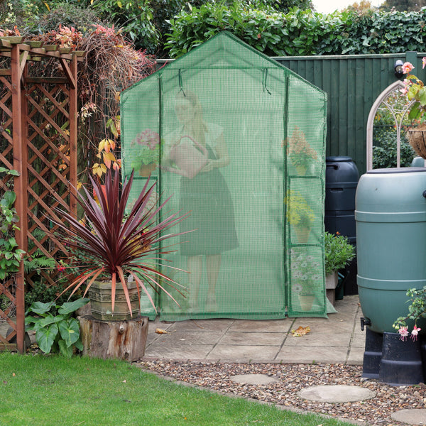 Garden Greenhouse with 8 Shelves, Green PE Cover & Black Iron Frame, 143x143x195cm