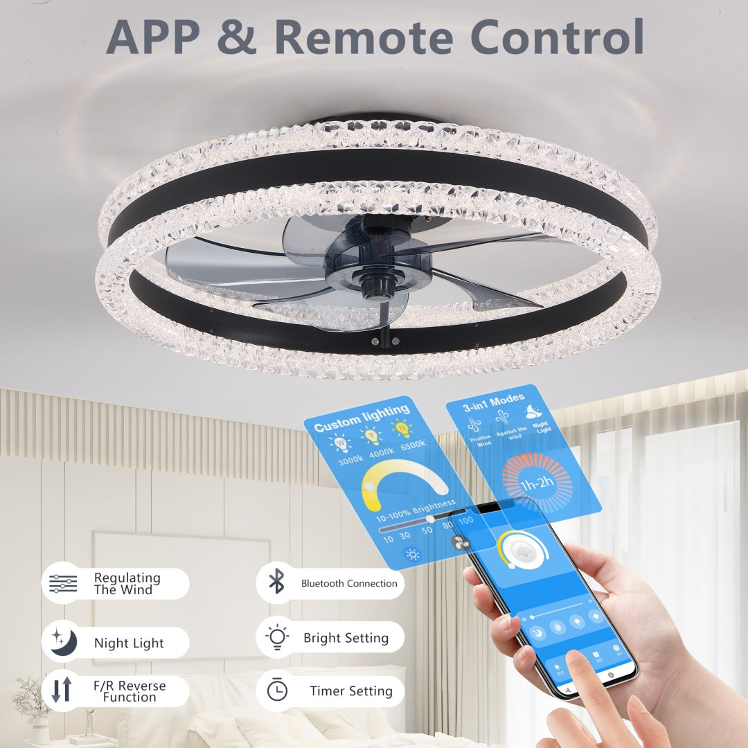 20in Modern Double Ring LED Ceiling Fan with Light Black Remote