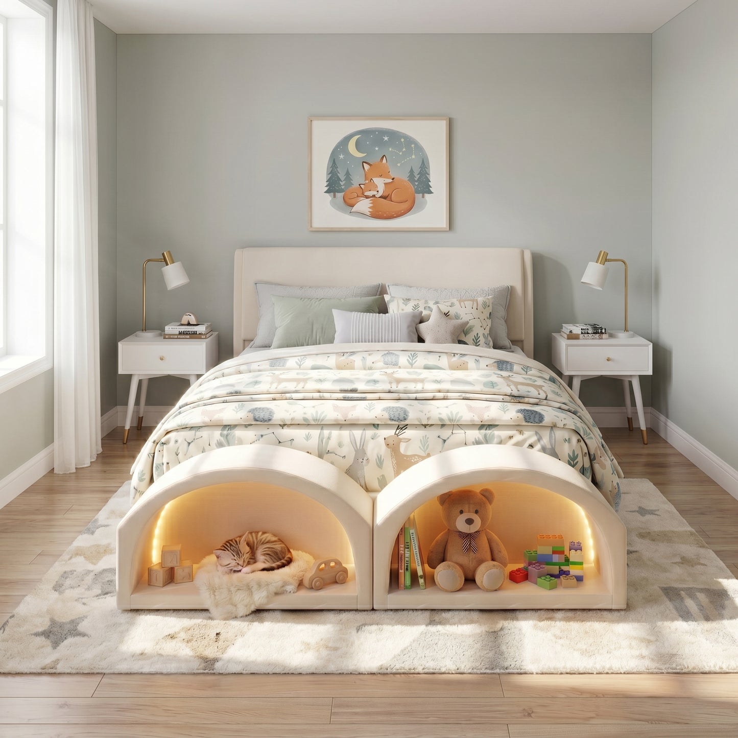 Queen Size Upholstered Platform Bed Frame with Dual Cat Caves & LED Pet Nests - Beige